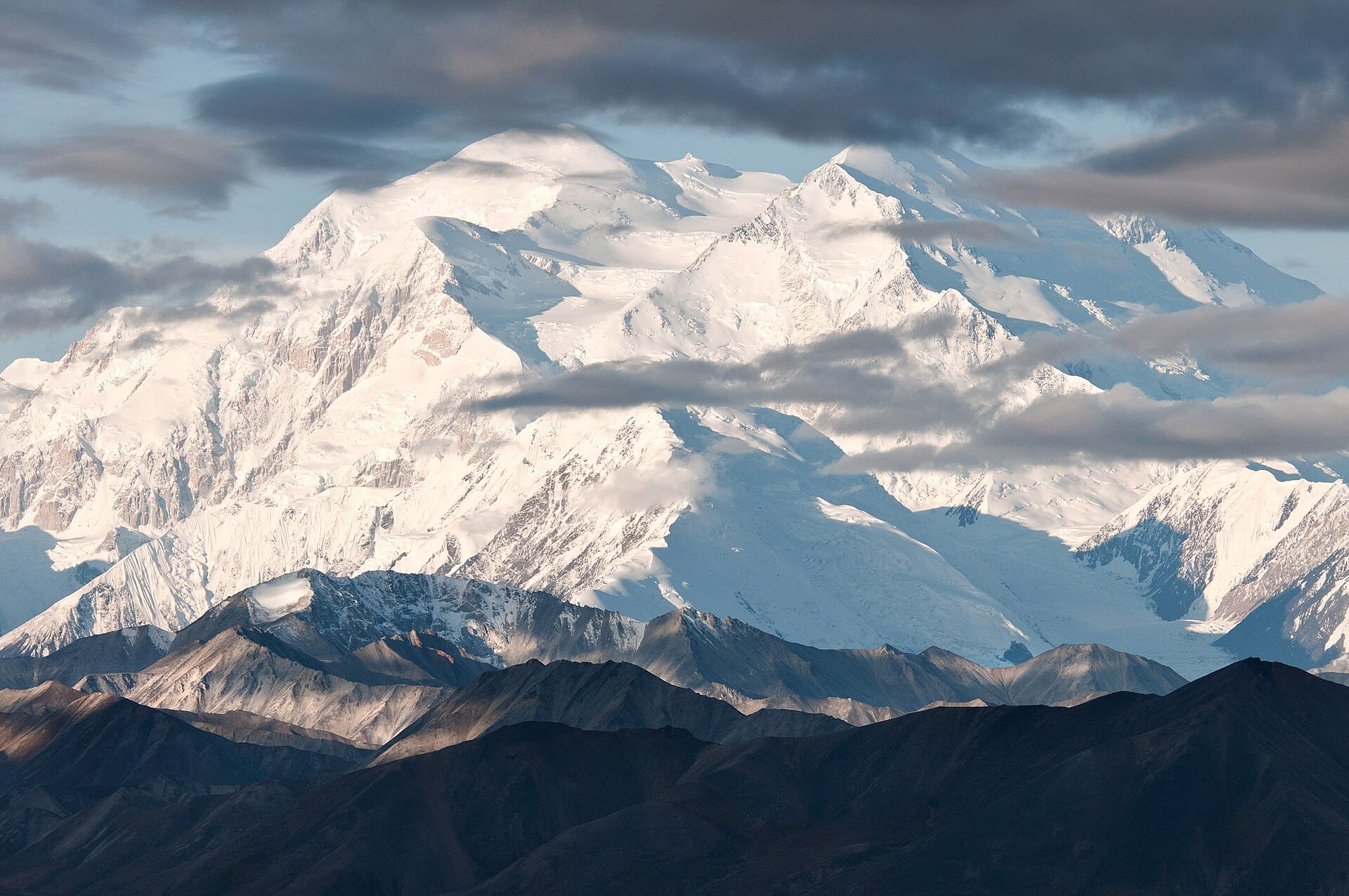Snow-covered Denali rising above the Alaska Range